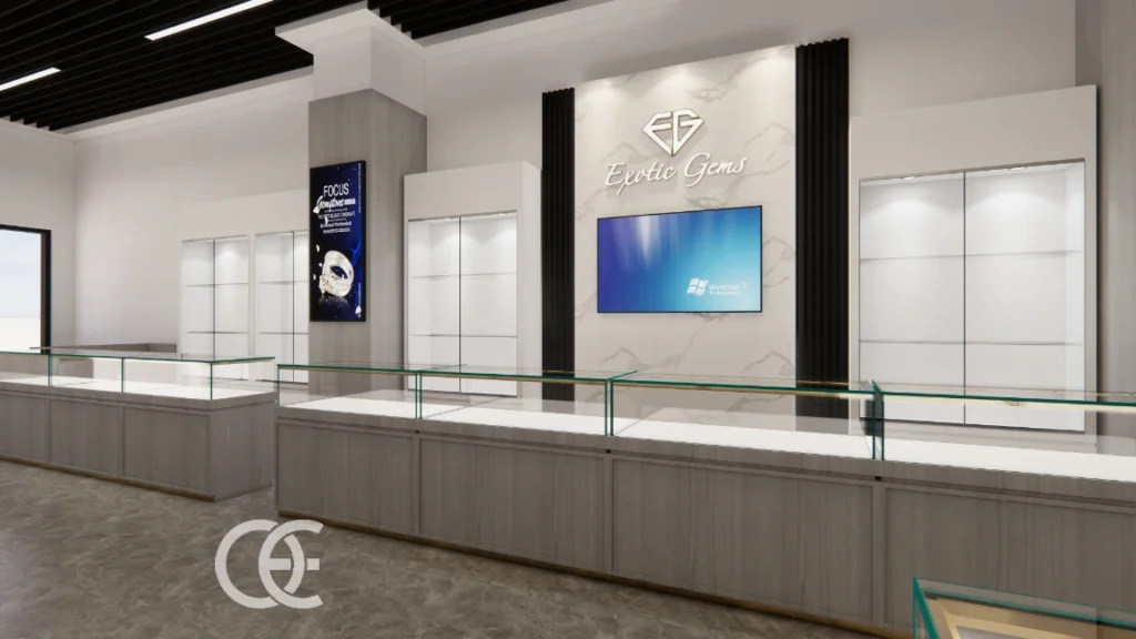 Conception de boutique de bijoux en France : Vitrines sur mesure, éclairage et guide d'aménagement 17 Disposition intérieure du présentoir du magasin Diamond