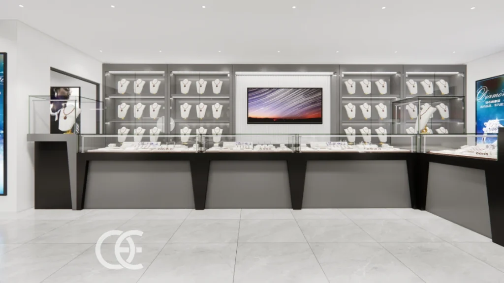 Conception de boutique de bijoux en France : Vitrines sur mesure, éclairage et guide d'aménagement 10 Design modulaire intérieur de boutique de bijoux