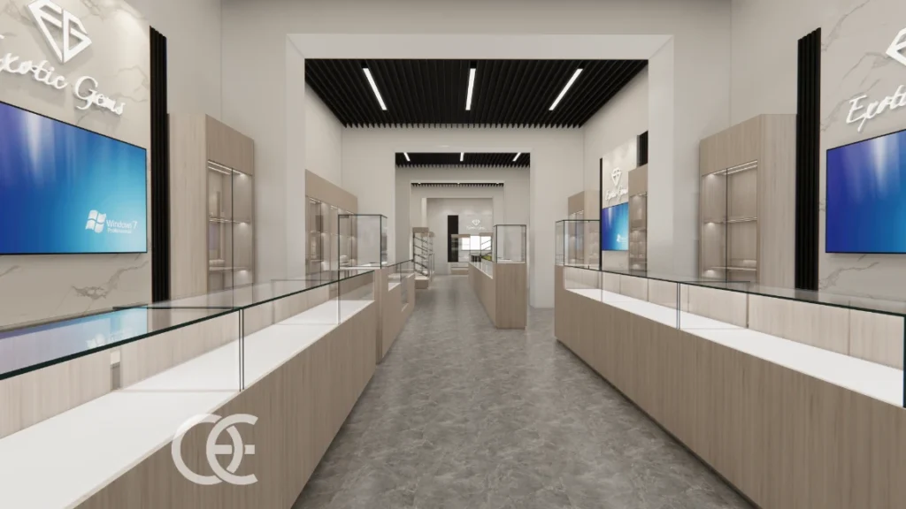 Conception de boutique de bijoux en France : Aménagement intérieur, éclairage et idées de vitrines 13 Vitrine de magasin de bijoux Design intérieur