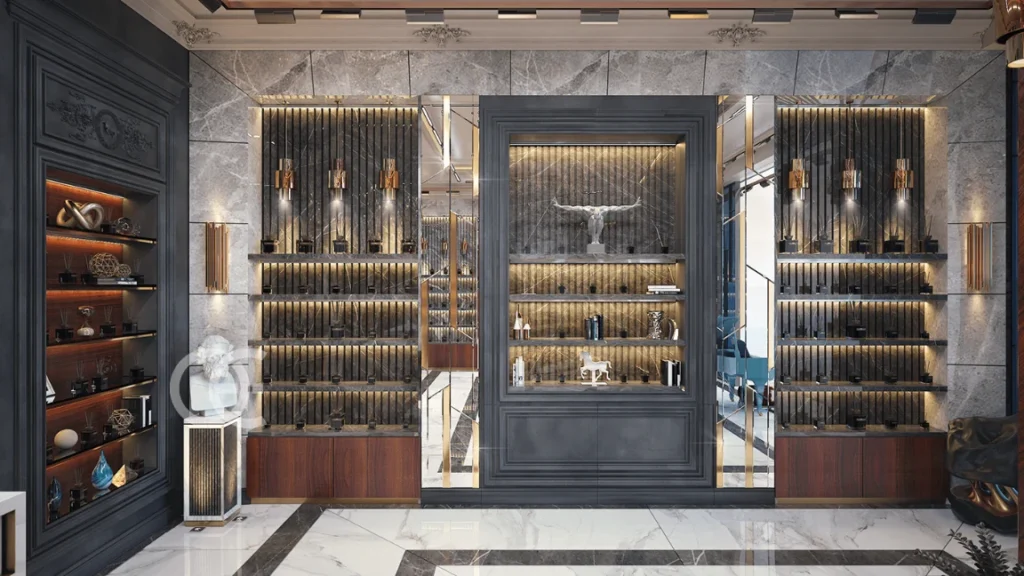 Индивидуальные витрины для духов для магазинов с светодиодными световыми панелями и золотой рамой