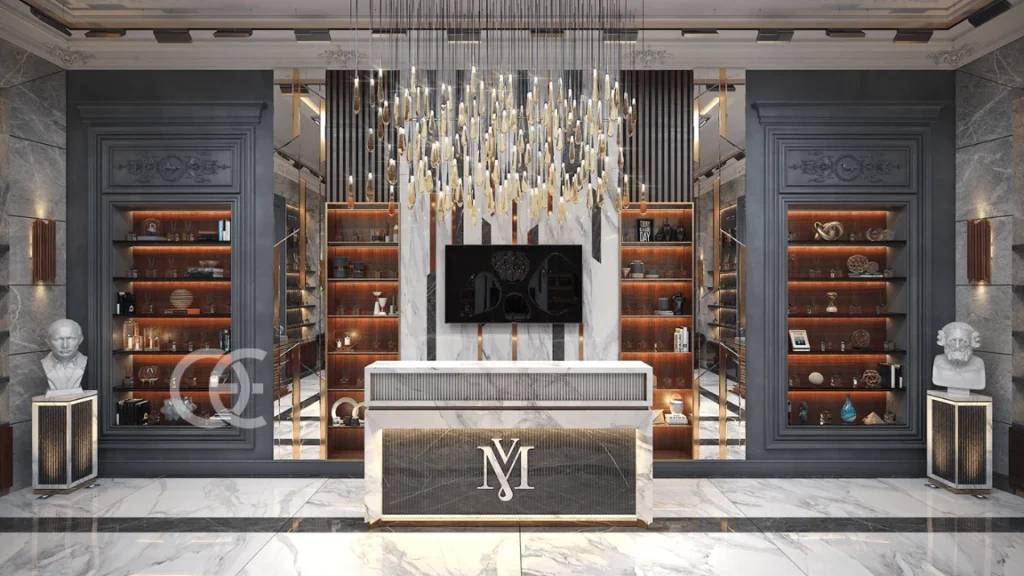 Индивидуальные витрины для парфюмерии с светодиодными световыми панелями и золотой рамкой для магазинов (7)