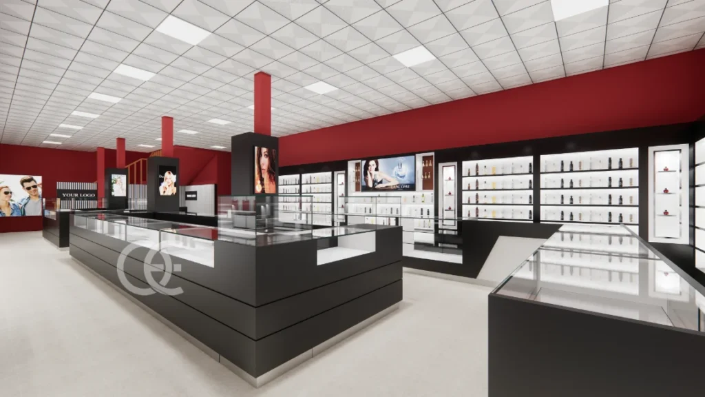 Индивидуальные витрины для духов с золотой рамой и светодиодной подсветкой