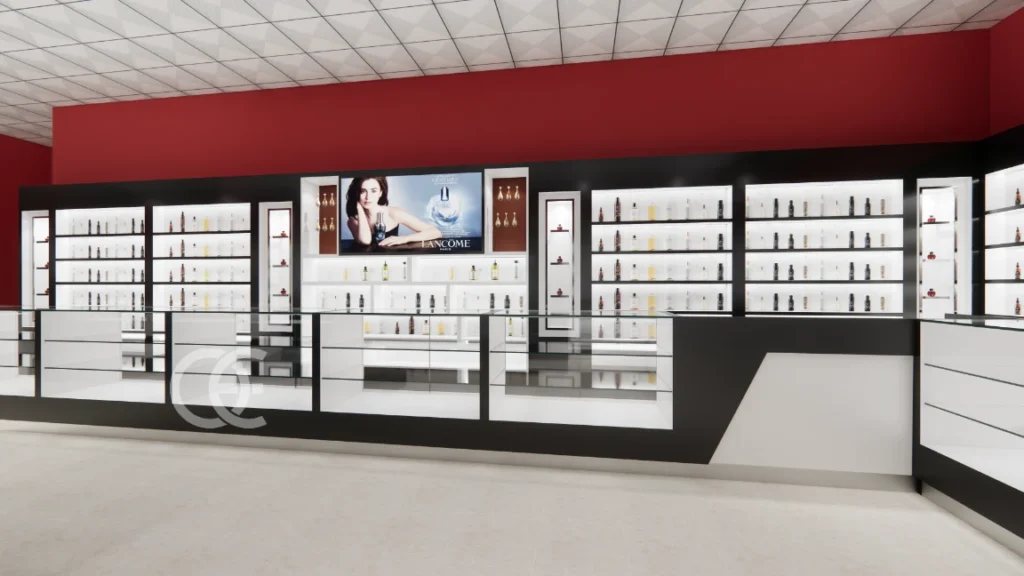 Индивидуальные витрины для духов с золотой рамой и светодиодной подсветкой