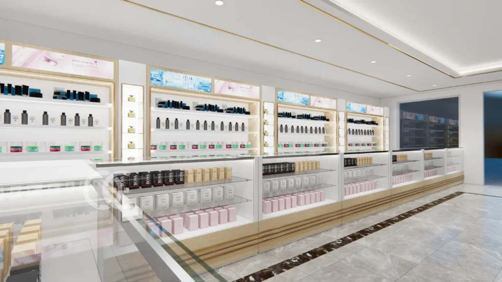 Design intérieur de boutique de parfum de luxe, étagères et vitrines personnalisées (9)