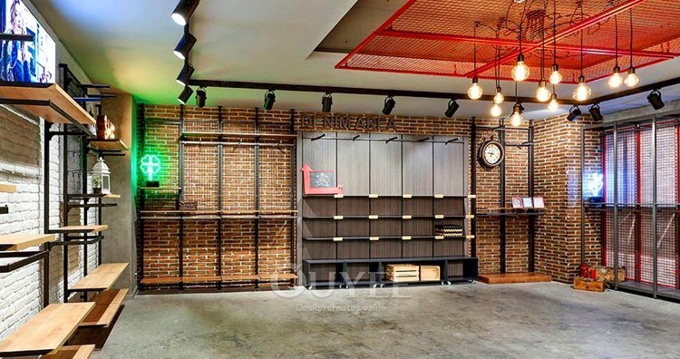 Clothing store design rendering with wall rails shelving and freestanding garment rails