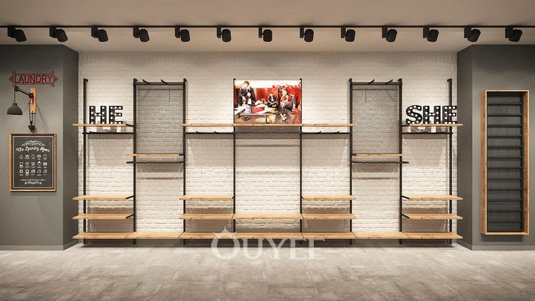 Оптовые торговые столы для демонстрации модной одежды и настенные стеллажи (2)