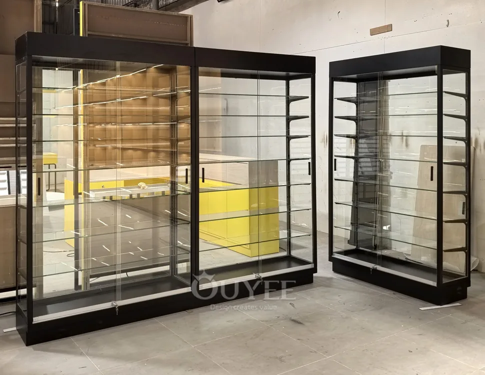 Black Glass Display Cabinet Set with Open Corner Layout 01