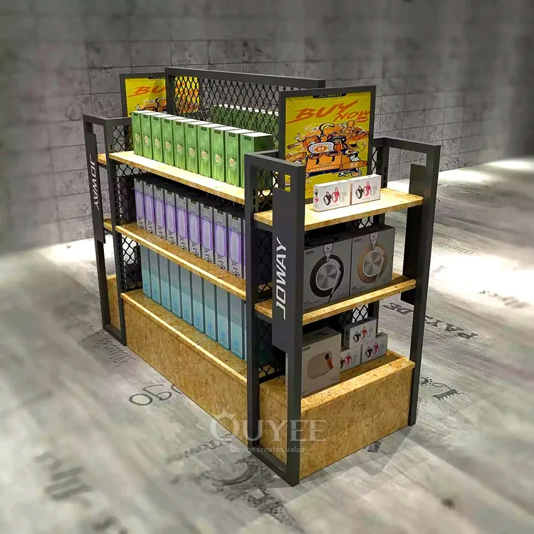 Support d'exposition d'île en maille métallique noire avec base en bois 01