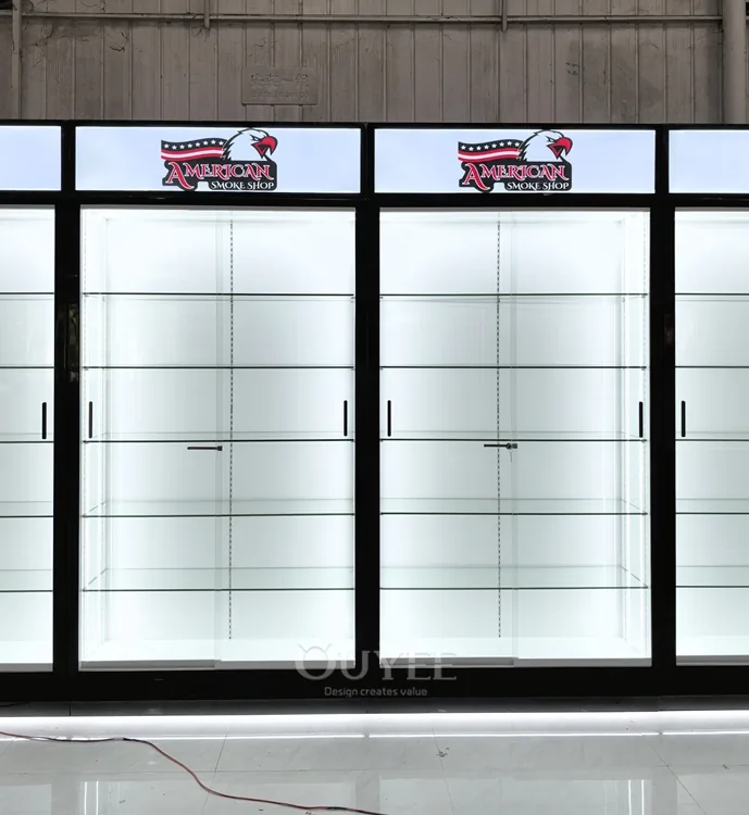 Black Wall Display Cabinet with Lightbox Header 01