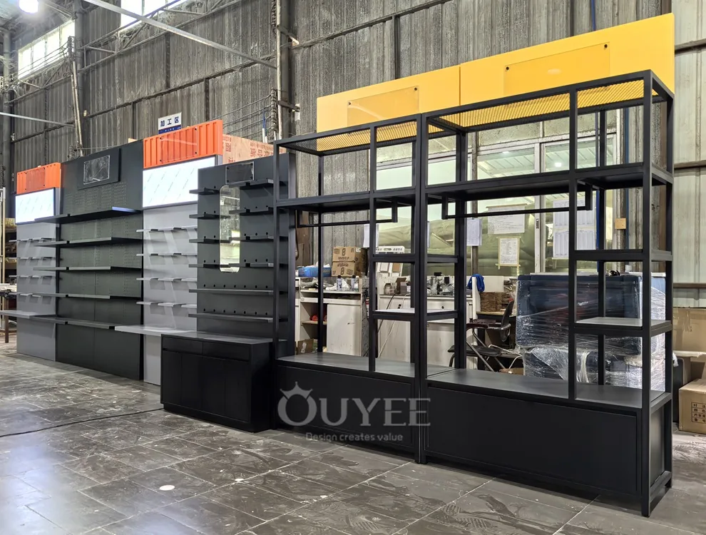 Présentoir à panneaux perforés noir et jaune 04