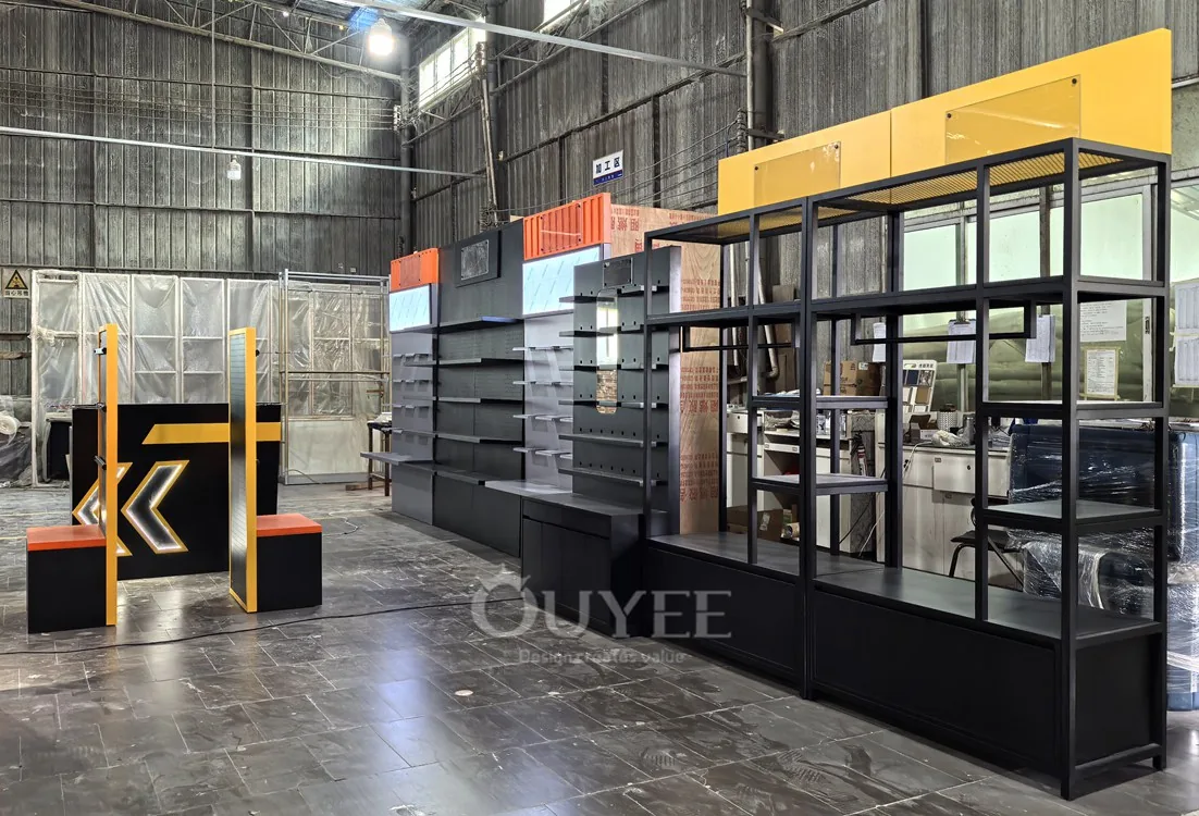 Présentoir à panneaux perforés noir et jaune 05