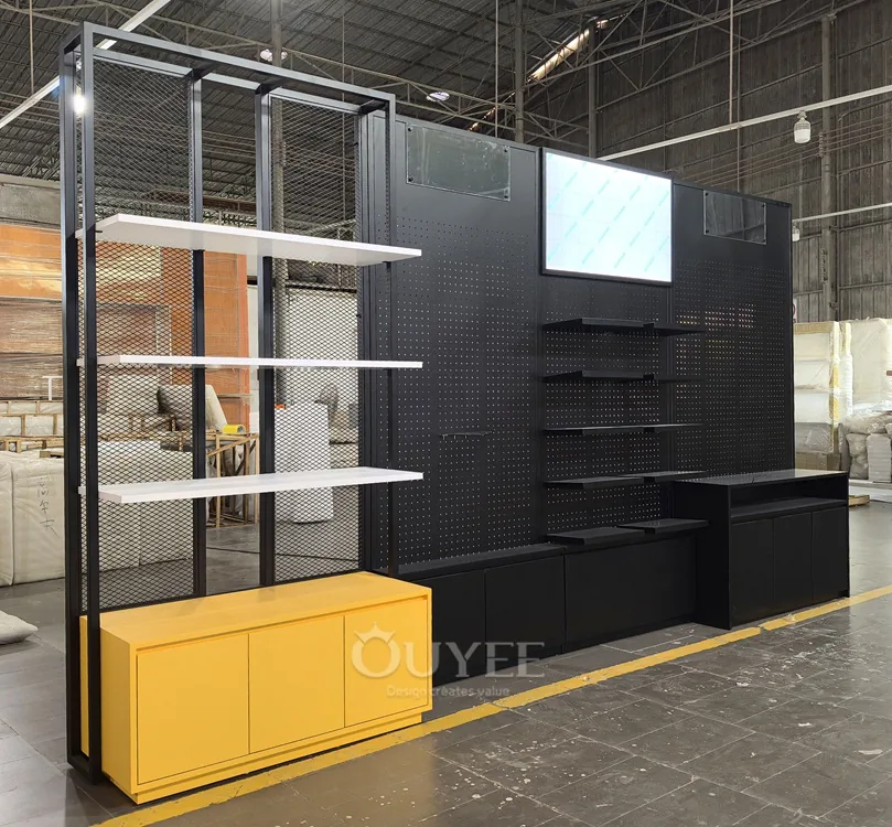 Présentoir à panneaux perforés noir et jaune 06