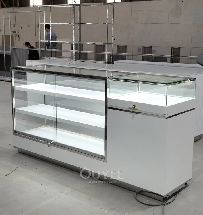 Kompakter weißer Service-Glasvitrinen-Stand mit Endschrank 02