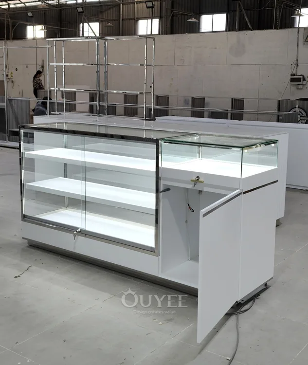 Kompakter weißer Service-Glasvitrinen-Stand mit Endschrank 04