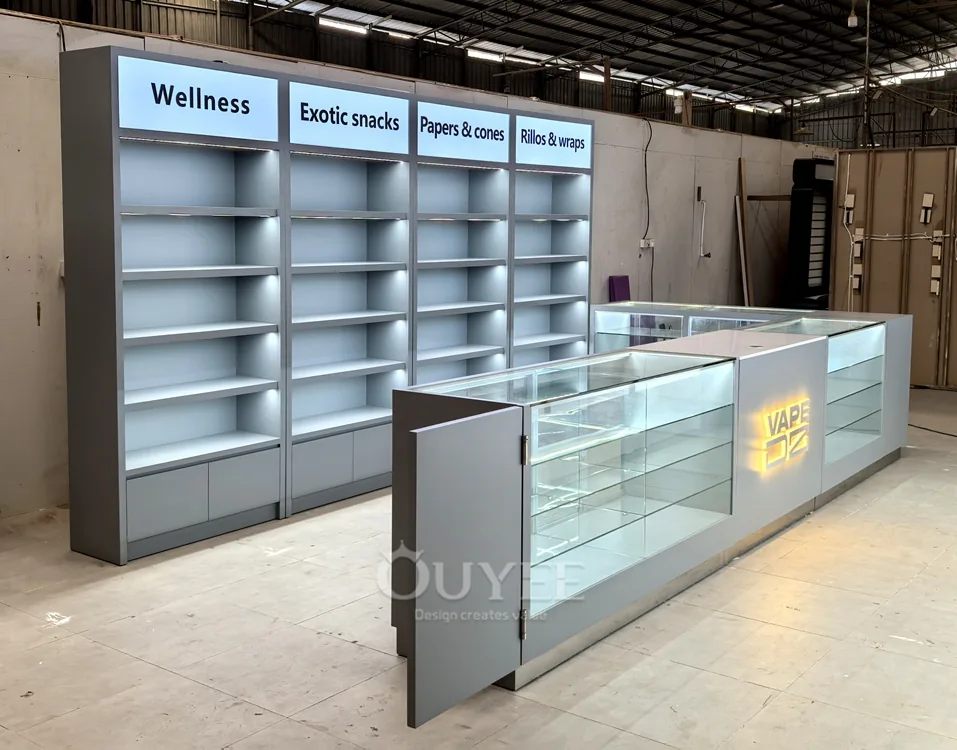 Lockable Counter Shell Scheme Curved Black Glass Showcase Counter with Locking Storage