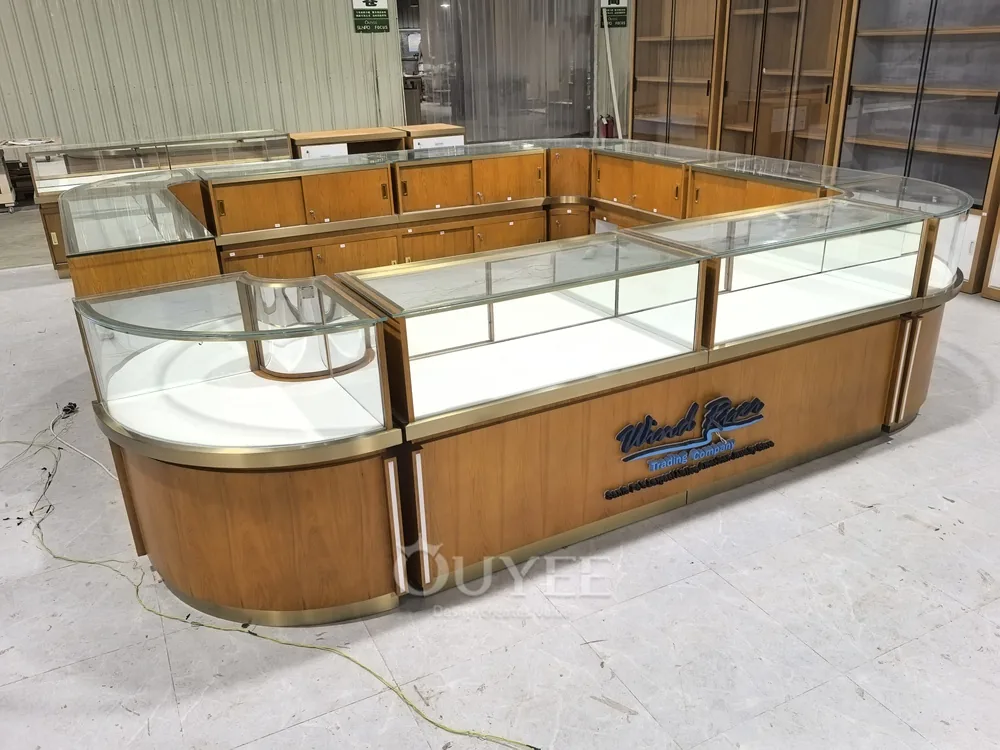 Îlot d'exposition en verre pour bijoux en bois courbé avec entrée d'angle 02