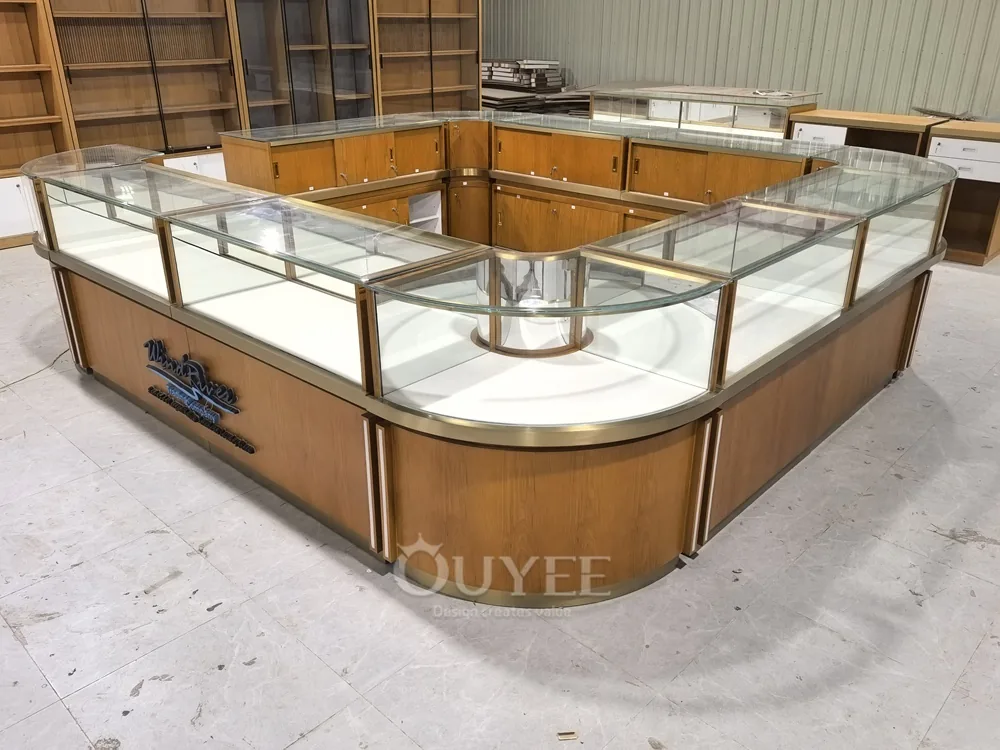 Îlot d'exposition en verre pour bijoux en bois courbé avec entrée d'angle 03