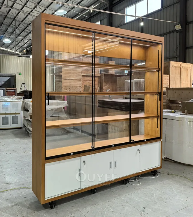 Freestanding Wood and Glass Display Cabinet with Storage Base 01