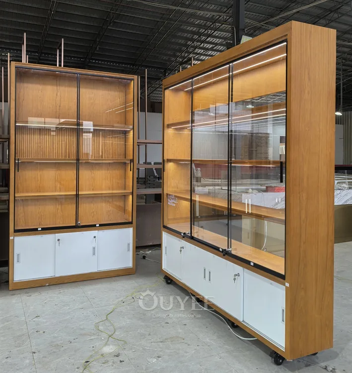 Vetrina espositiva indipendente in legno e vetro con base di stoccaggio 03