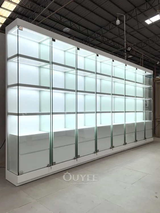Frosted White Glass Display Cabinet Wall with Base Storage 01