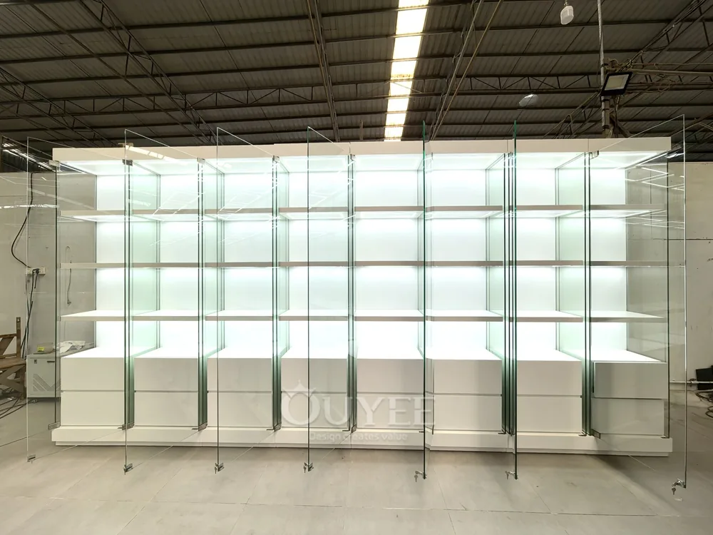 Frosted White Glass Display Cabinet Wall with Base Storage 04