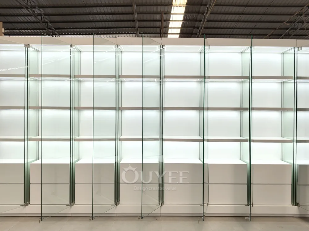 Frosted White Glass Display Cabinet Wall with Base Storage 06
