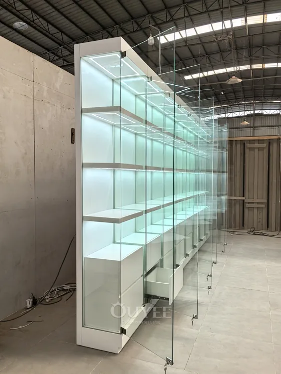 Frosted White Glass Display Cabinet Wall with Base Storage 07