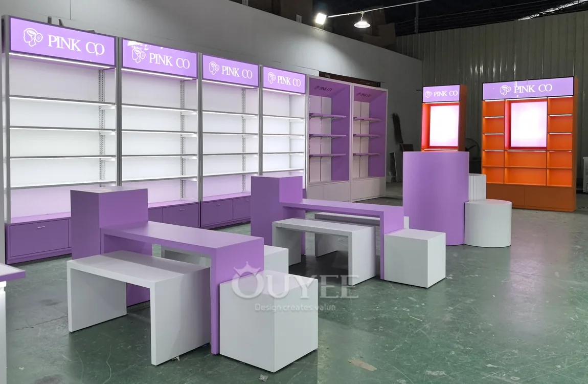 Conjunto de stands modulares de exhibición de cosméticos lilas 02