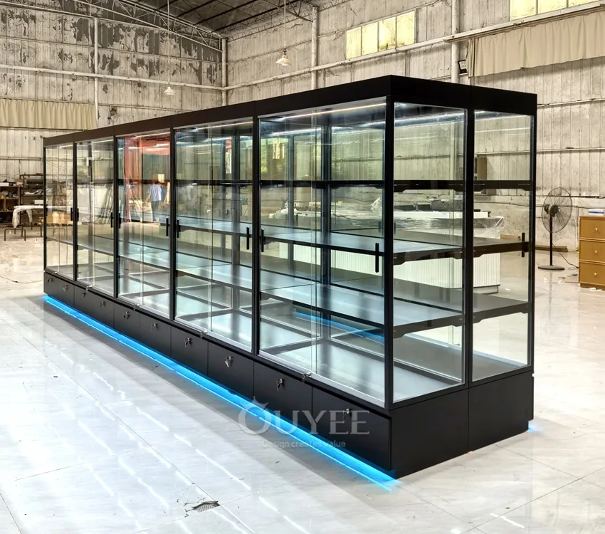 Uzun Siyah Duvar Sergileme Dolabı ve LED Raflar 05