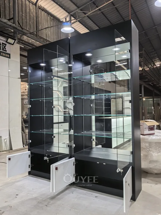 Matte Black Glass Tower Display Cabinet with Locking Doors 01