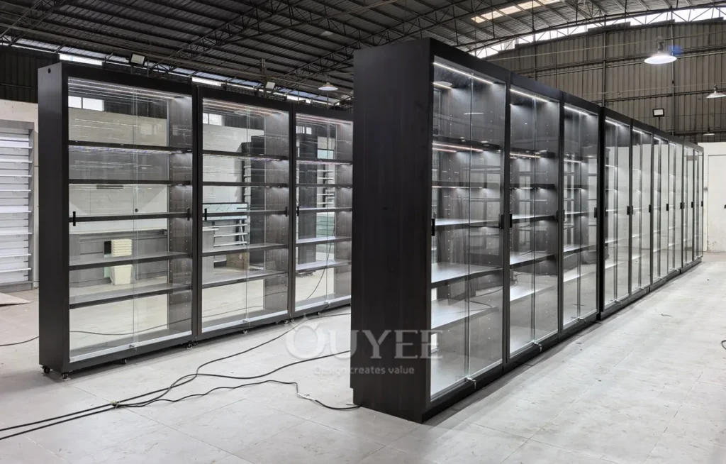 Modular Aisle Glass Display Cabinet with Black Frame 01