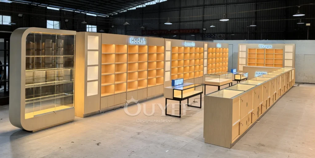 Warme LED-Holz-Vitrinenmöbel mit Schubladen 02