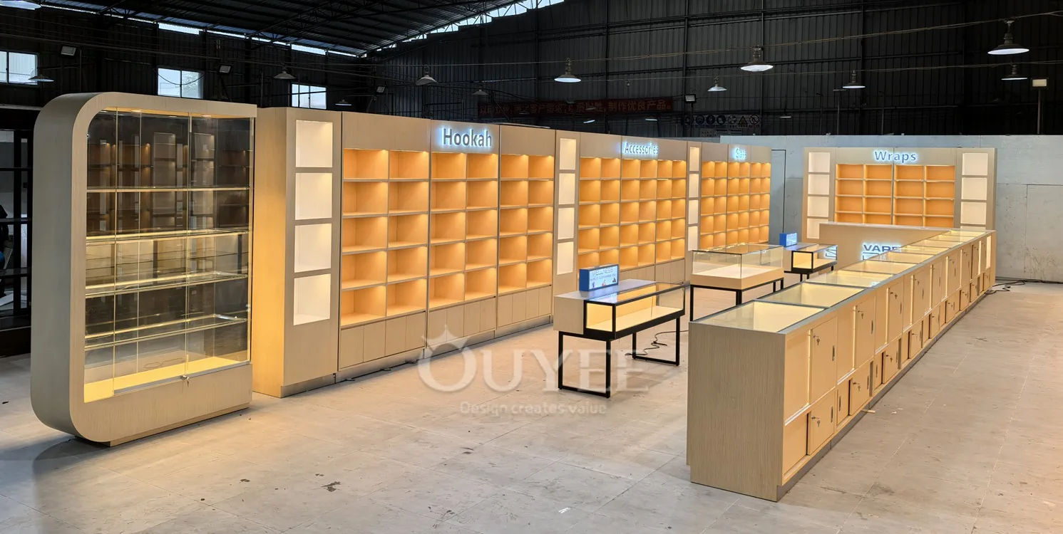 Warme LED-Holz-Vitrinenmöbel mit Schubladen 02