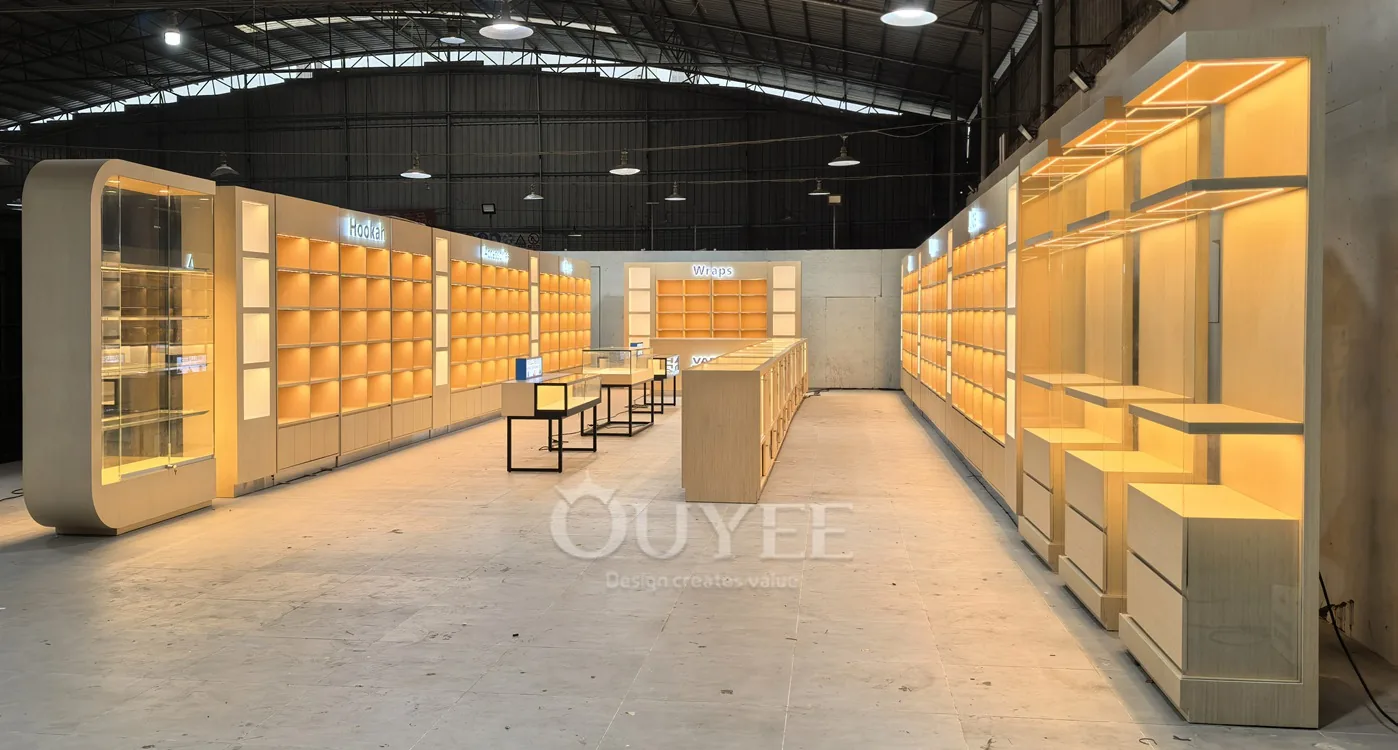 Warme LED-Holz-Vitrinenmöbel mit Schubladen 03