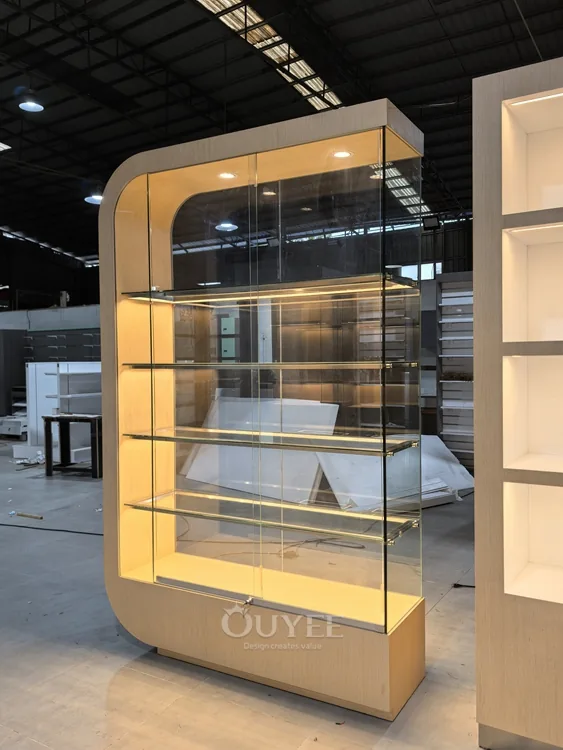 Warme LED-Holz-Vitrinenmöbel mit Schubladen 05