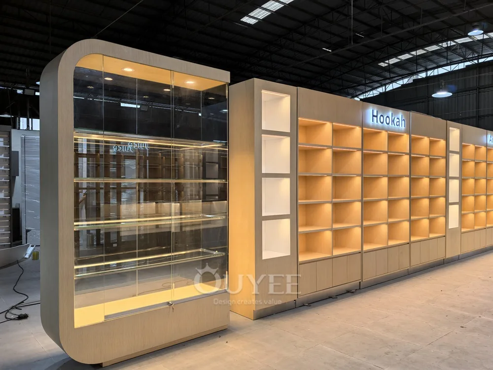 Warme LED-Holz-Vitrinenmöbel mit Schubladen 06