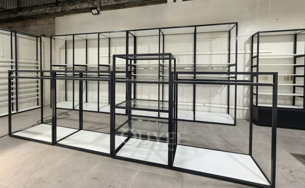 Estantería de exhibición en pasillo de venta al por menor con marco abierto blanco 03