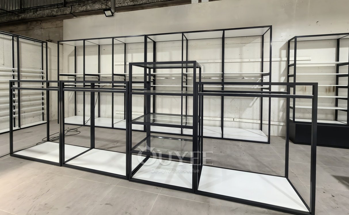 Estantería de exhibición en pasillo de venta al por menor con marco abierto blanco 03