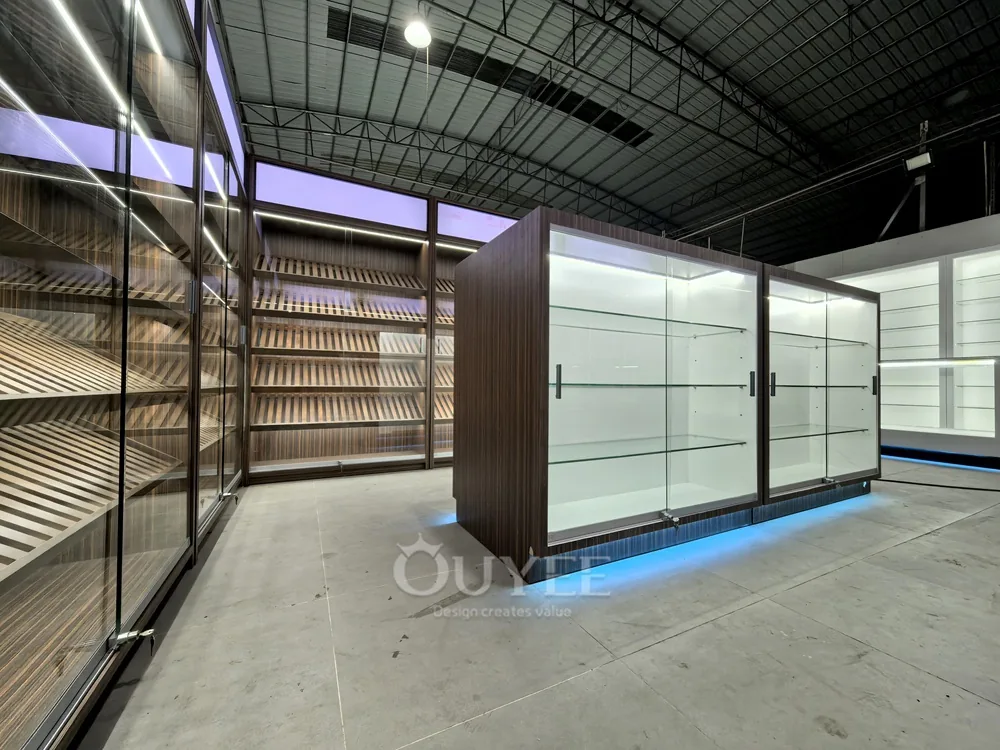 Wood Grain Display Cabinet Island Set with Blue Base Lighting 01