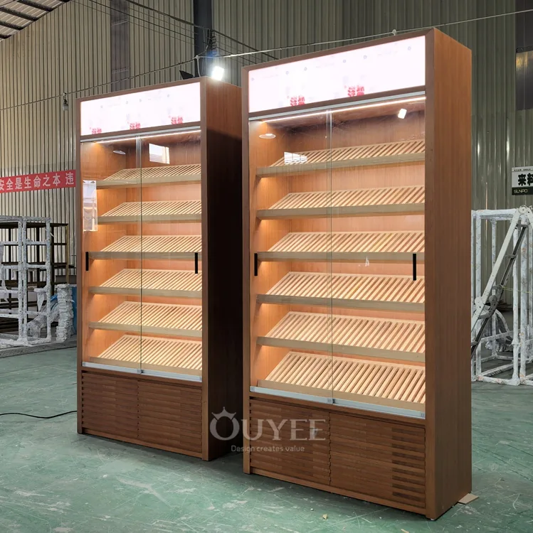 Wood Veneer Display Cabinet with Slanted Shelves 01