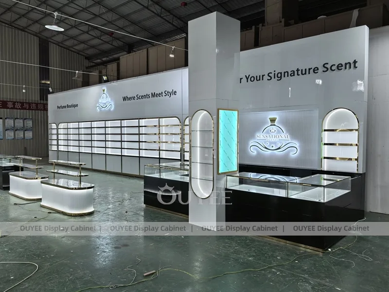 Black Gold Perfume Backwall With Oval Tester Counter_07