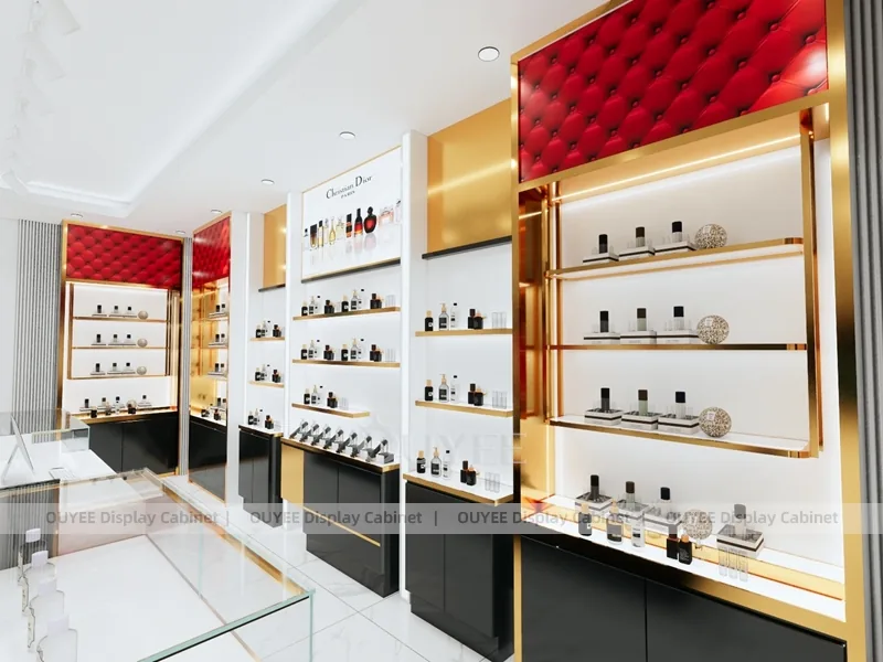 Black Gold Perfume Wall Display With Red Tufted Header_01