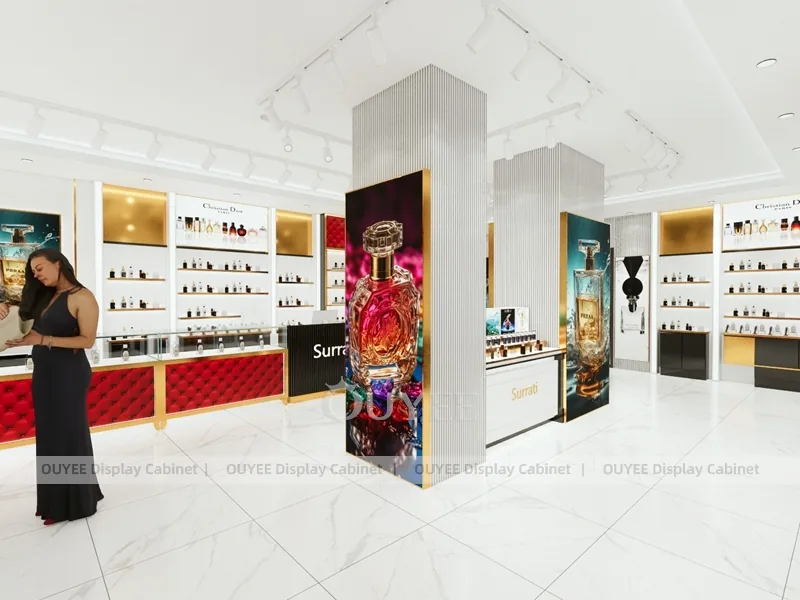 Black Gold Perfume Wall Display With Red Tufted Header_03