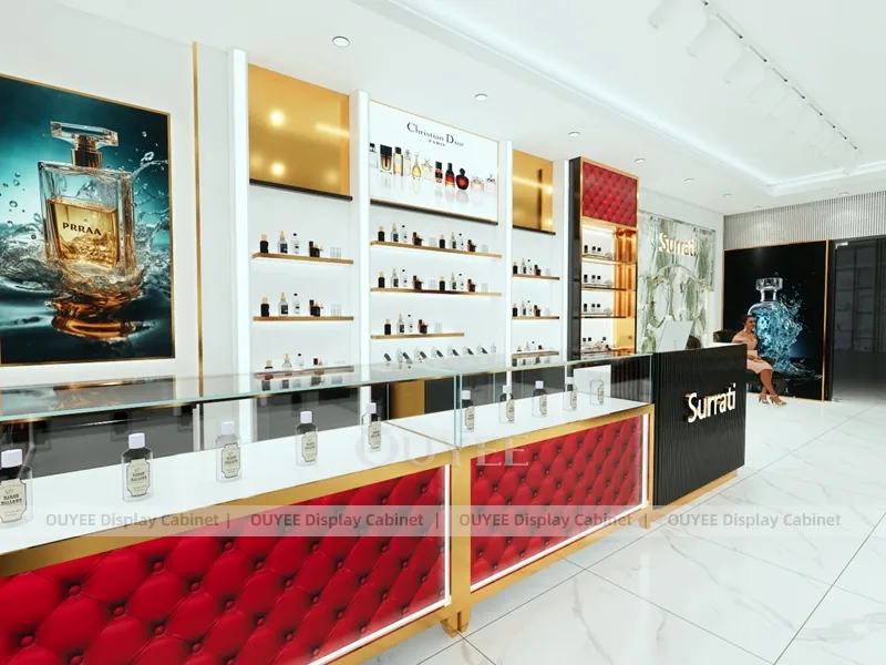 Black Gold Perfume Wall Display With Red Tufted Header_05