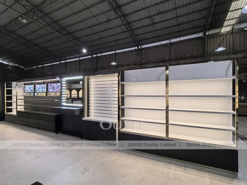 Estantería de pared para perfumes lineal negra con banda de luz_01