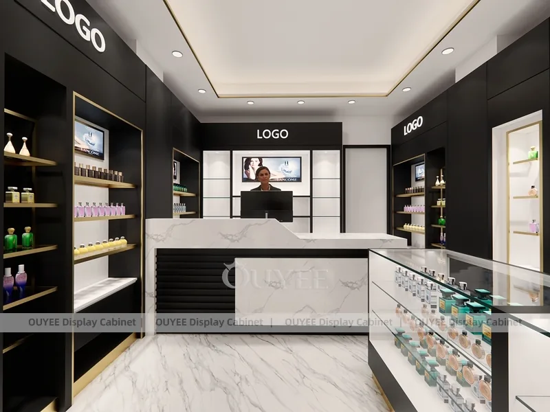 Mostrador de pago minimalista negro para perfumes con vitrinas laterales_01