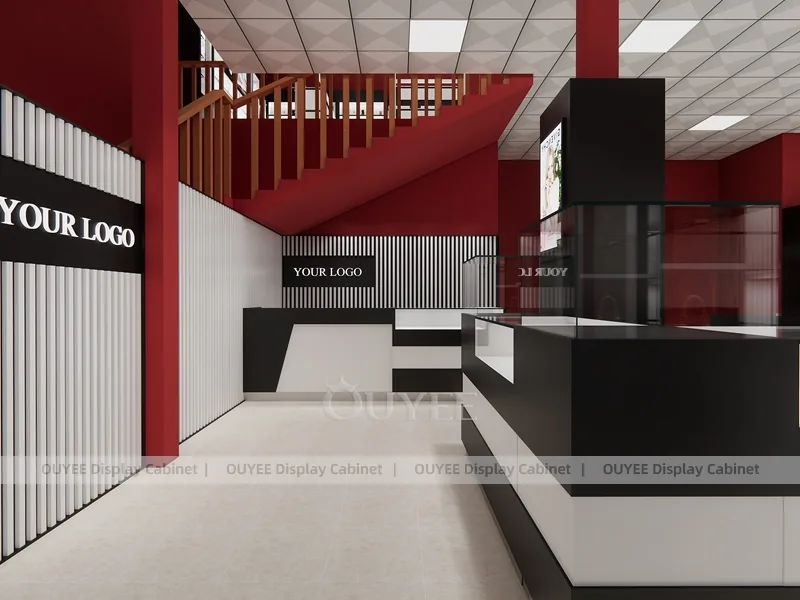 Burgundy Perfume Reception Counter With Slatted Feature Wall_01