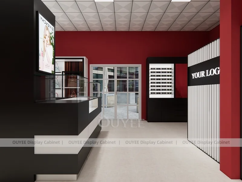 Burgundy Perfume Reception Counter With Slatted Feature Wall_02