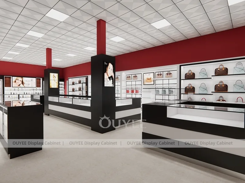 Burgundy Perfume Reception Counter With Slatted Feature Wall_03