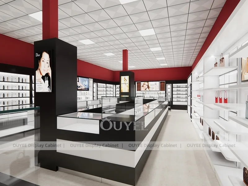 Burgundy Perfume Reception Counter With Slatted Feature Wall_04